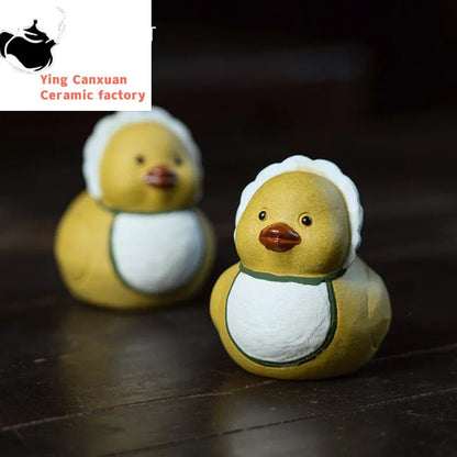 Chinese Yixing Purple Clay Tea Pet Little Yellow Duck Statue Ornaments Tea Figurine Handmade Zisha Sculpture Tea Set Decoration