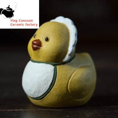 Chinese Yixing Purple Clay Tea Pet Little Yellow Duck Statue Ornaments Tea Figurine Handmade Zisha Sculpture Tea Set Decoration