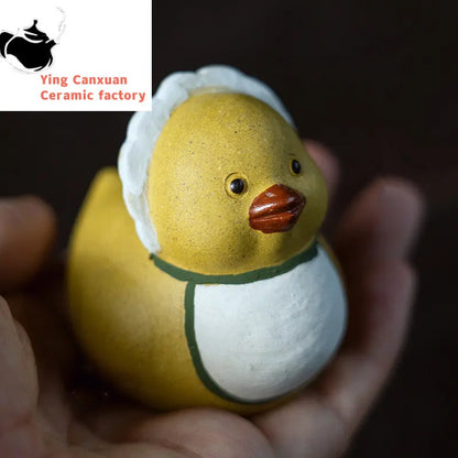 Chinese Yixing Purple Clay Tea Pet Little Yellow Duck Statue Ornaments Tea Figurine Handmade Zisha Sculpture Tea Set Decoration
