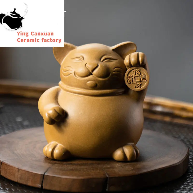 Chinese Yixing Purple Clay Tea Pet Lucky Fortune Cat Ornaments Animal Tea Figurine Crafts Handmade Sculpture Tea Set Decoration