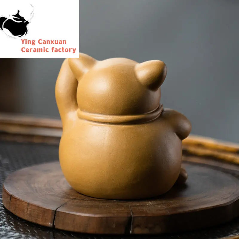 Chinese Yixing Purple Clay Tea Pet Lucky Fortune Cat Ornaments Animal Tea Figurine Crafts Handmade Sculpture Tea Set Decoration