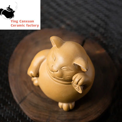Chinese Yixing Purple Clay Tea Pet Lucky Fortune Cat Ornaments Animal Tea Figurine Crafts Handmade Sculpture Tea Set Decoration
