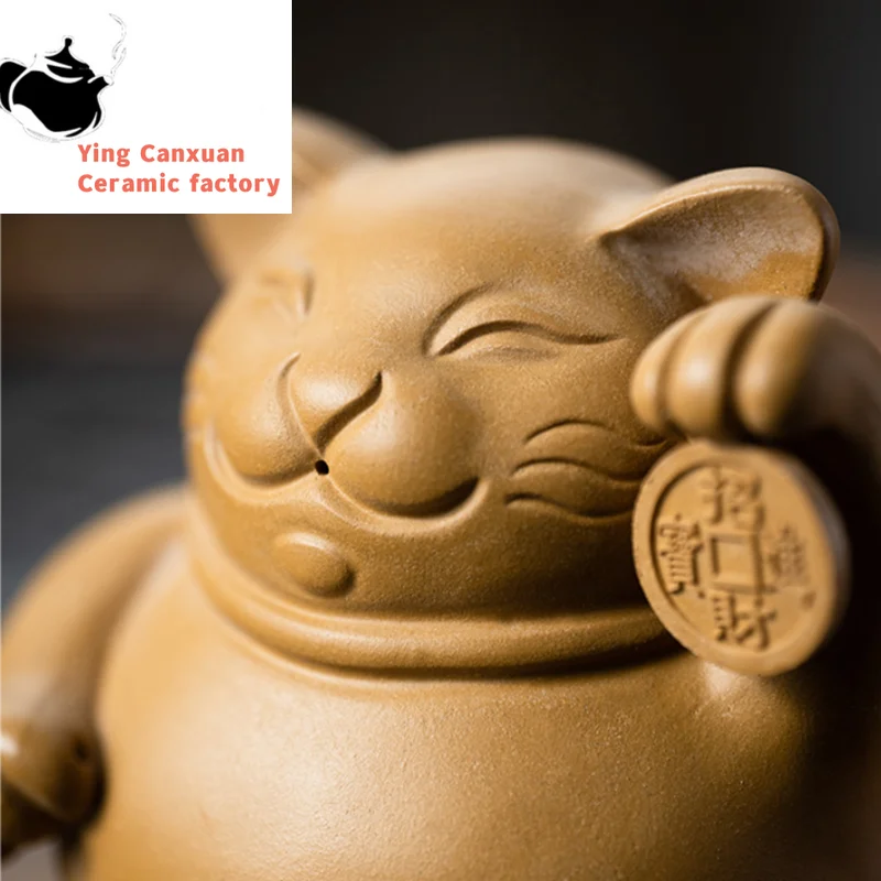 Chinese Yixing Purple Clay Tea Pet Lucky Fortune Cat Ornaments Animal Tea Figurine Crafts Handmade Sculpture Tea Set Decoration