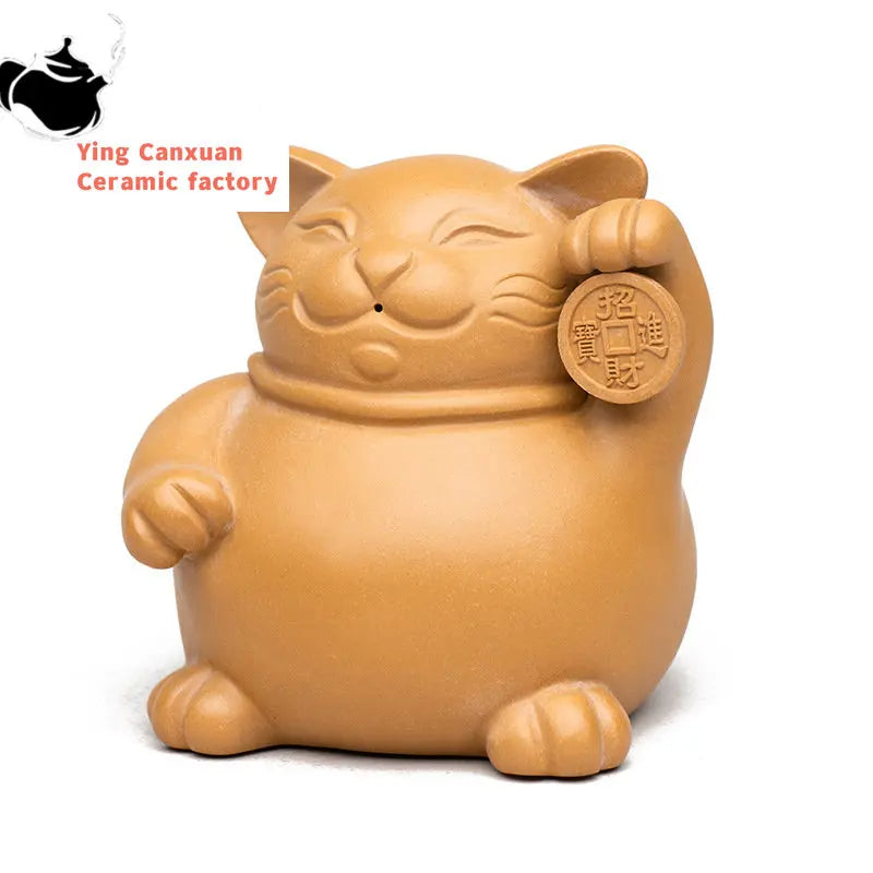 Chinese Yixing Purple Clay Tea Pet Lucky Fortune Cat Ornaments Animal Tea Figurine Crafts Handmade Sculpture Tea Set Decoration