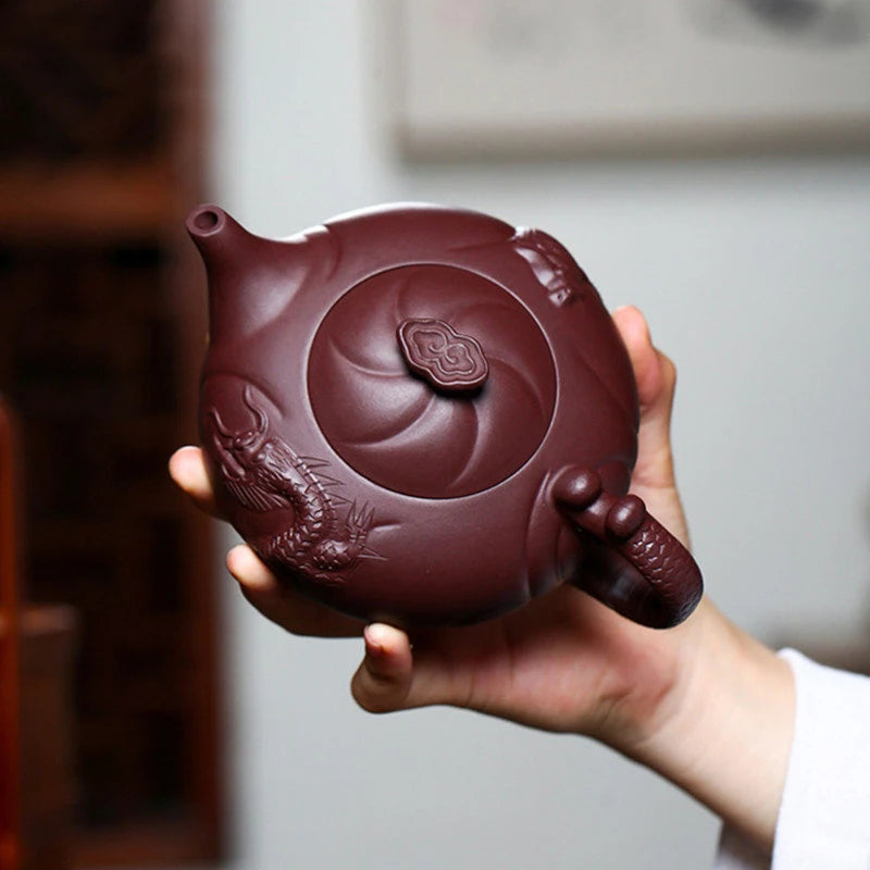 Chinese Yixing Purple Clay Tea Pot Hand Carving Filter Beauty Kettle Raw Ore Purple Mud Tea Set Household Tea Infuser 330ml