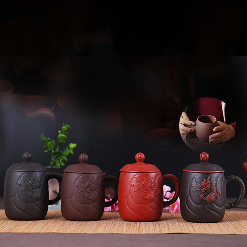 Chinese Yixing Purple Clay Teacups with Handle Filter Teacup Handmade Dragon Pattern Master Cup Household Teaware Supplies