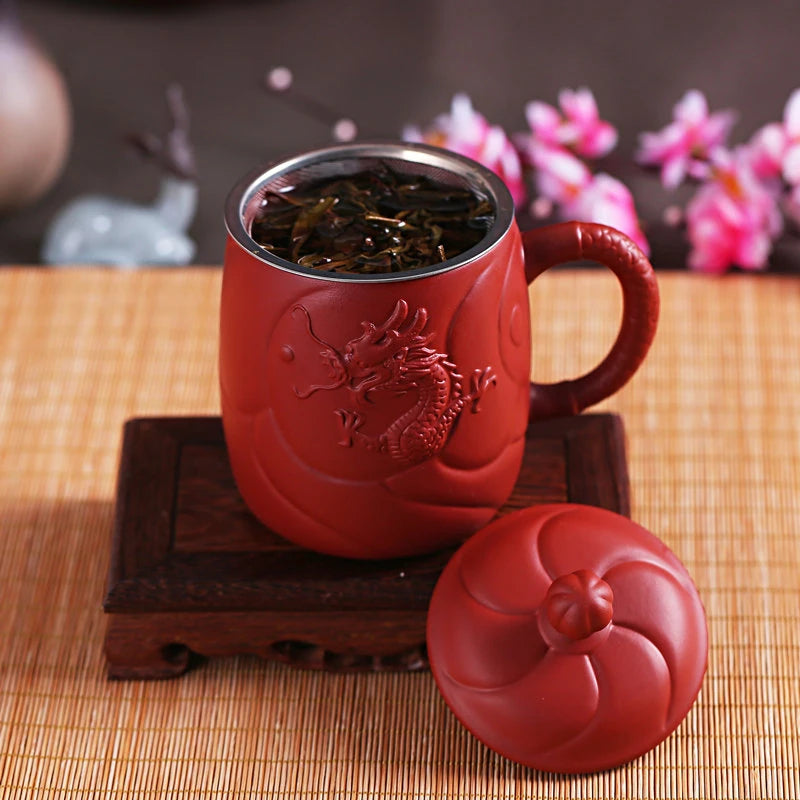 Chinese Yixing Purple Clay Teacups with Handle Filter Teacup Handmade Dragon Pattern Master Cup Household Teaware Supplies