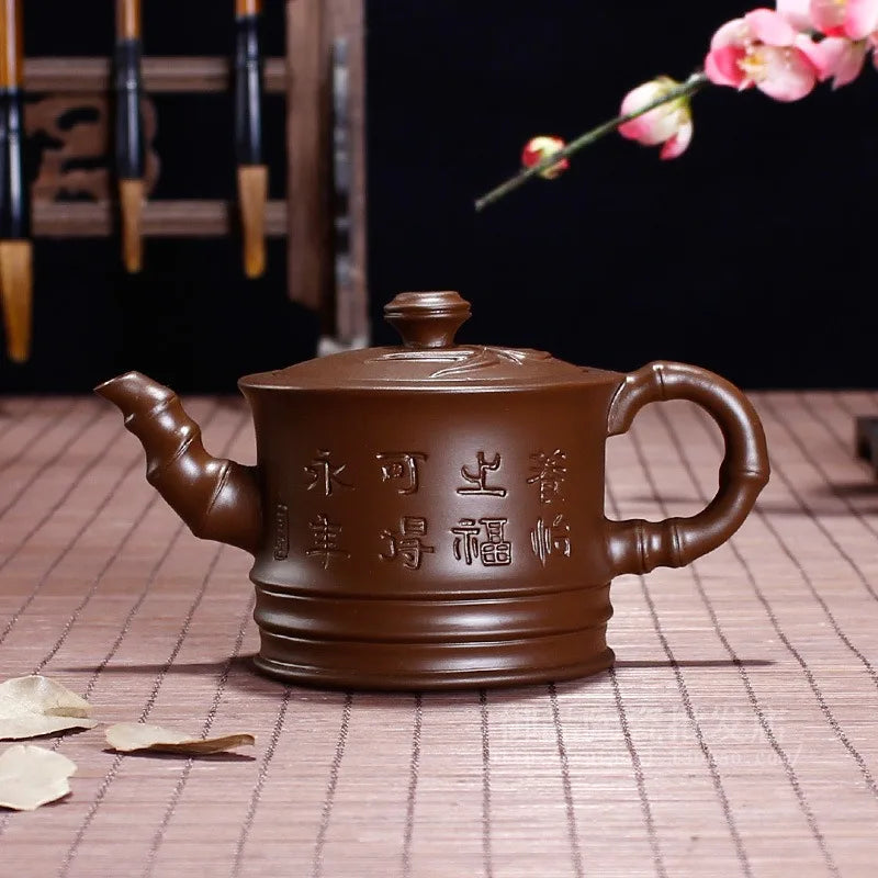 Chinese Yixing Tea Pot Bamboo Section Lettering Purple Clay Filter Teapot Beauty Kettle Raw Ore Handmade Tea Set Drinkware 150ml
