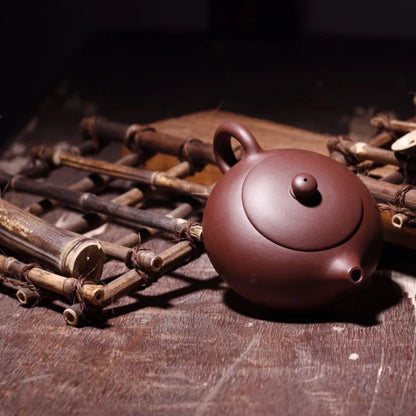 Chinese Yixing Tea Pot Kungfu Hand Made Flat Xishi Pot Qing Cement Mud Tea Set Teapots Author Shao Junya 188 Ball Hole