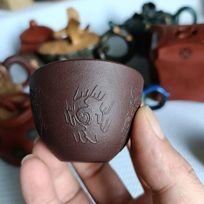 Chinese Yixing Zisha Clay Purple Mud Master's Cup Two Dragons Play With A Pearl 50ml