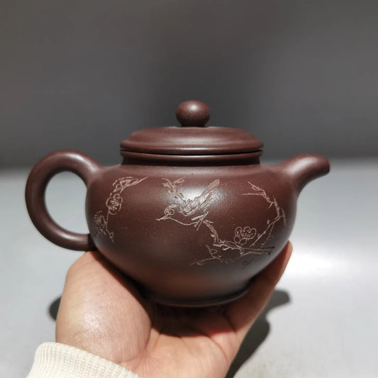 Chinese Yixing Zisha Clay Teapot  Carved word flowers bird Pot Gu Jingzhou 380ml