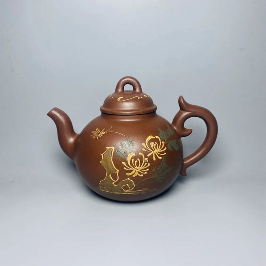 Chinese Yixing Zisha Clay Teapot  Clay painted chrysanthemum Pot Gu Jingzhou 360ml