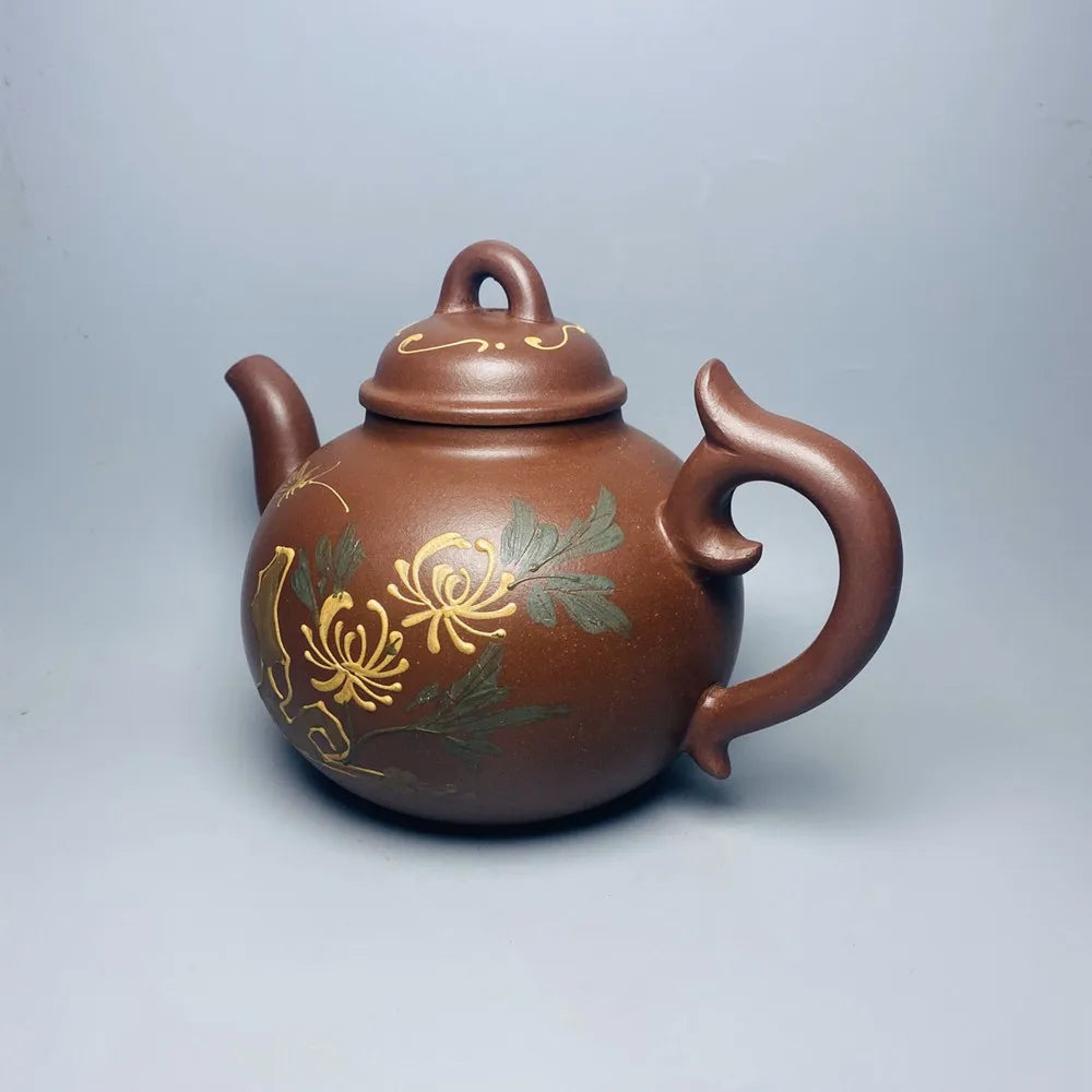 Chinese Yixing Zisha Clay Teapot  Clay painted chrysanthemum Pot Gu Jingzhou 360ml