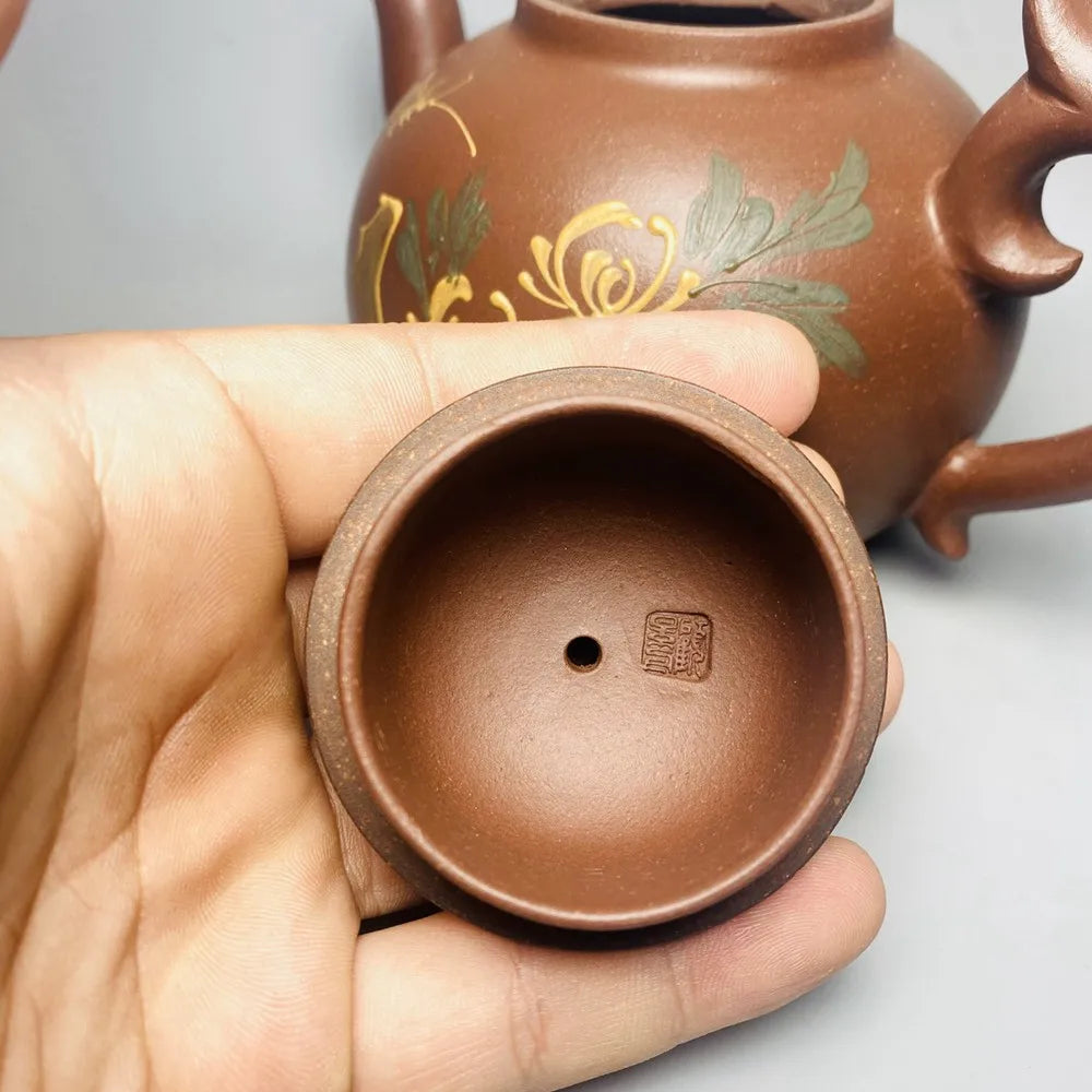 Chinese Yixing Zisha Clay Teapot  Clay painted chrysanthemum Pot Gu Jingzhou 360ml