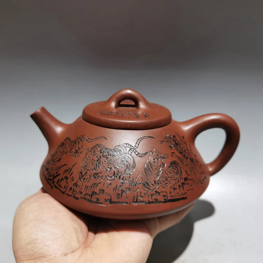 Chinese Yixing Zisha Clay Teapot  Eight Tiger Picture Pot Fan Zhenggen 400ml