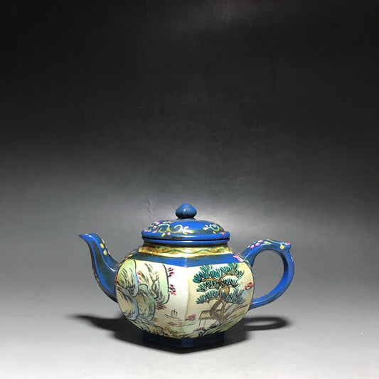 Chinese Yixing Zisha Clay Teapot  Enamel colored hexagonal Pot  Gu Jingzhou 300ml