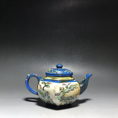 Chinese Yixing Zisha Clay Teapot  Enamel colored hexagonal Pot  Gu Jingzhou 300ml