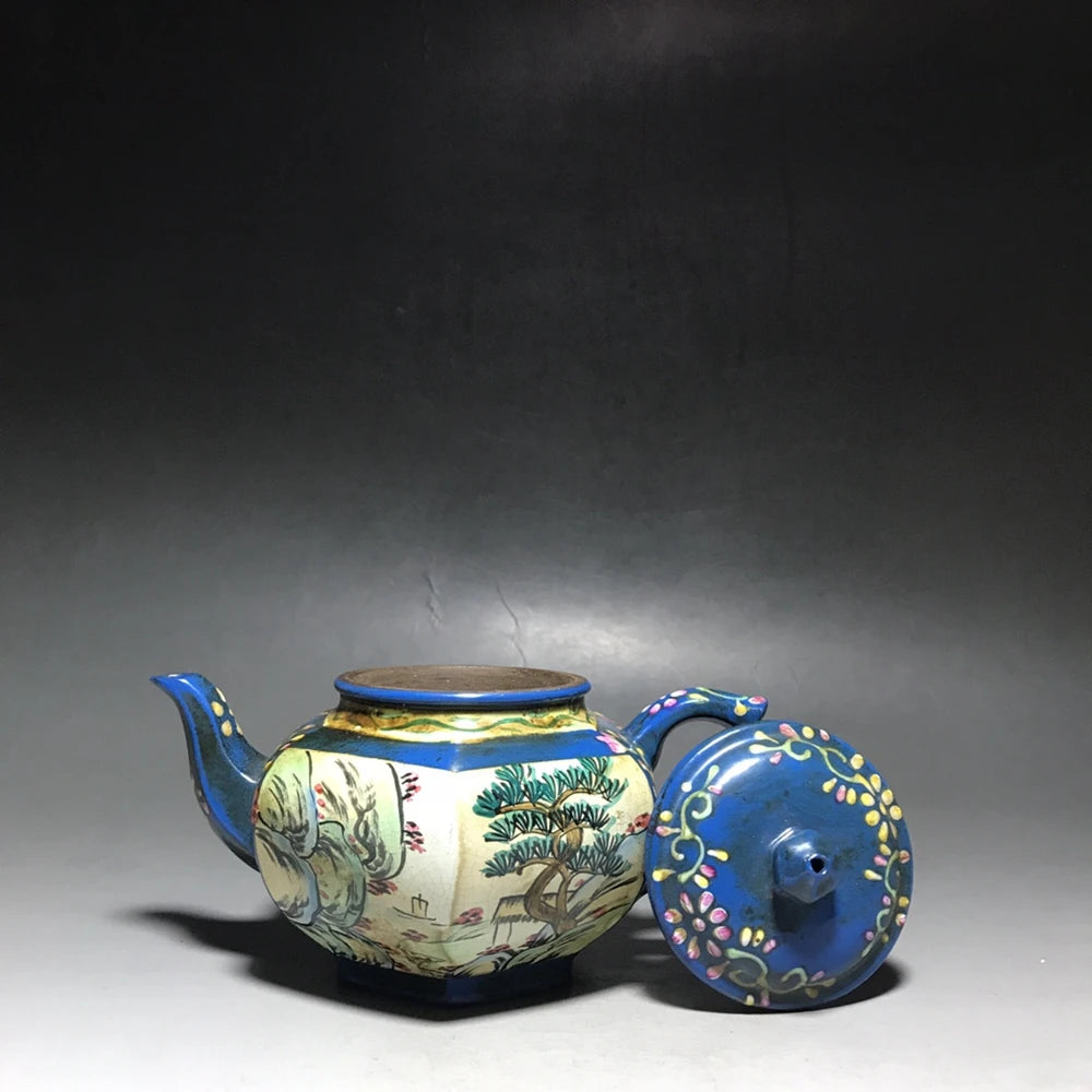 Chinese Yixing Zisha Clay Teapot  Enamel colored hexagonal Pot  Gu Jingzhou 300ml