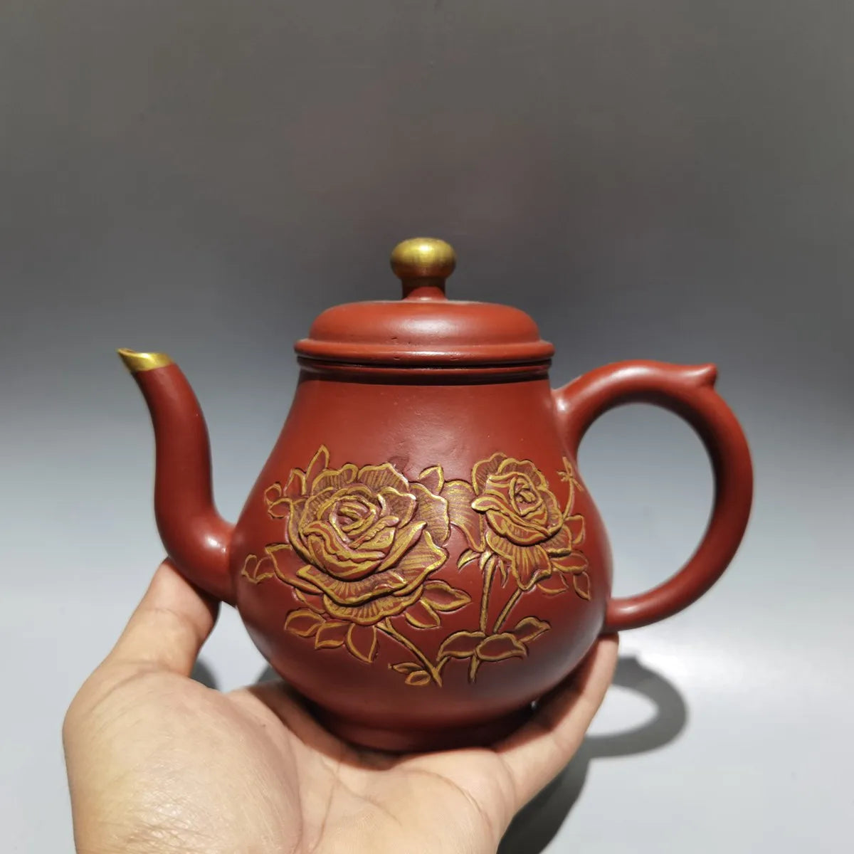 Chinese Yixing Zisha Clay Teapot  Gilding Carved Pot Iron Painting Pavilion 450ml