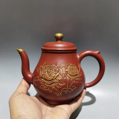 Chinese Yixing Zisha Clay Teapot  Gilding Carved Pot Iron Painting Pavilion 450ml
