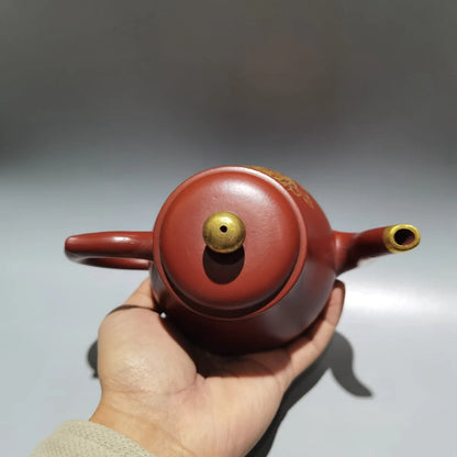 Chinese Yixing Zisha Clay Teapot  Gilding Carved Pot Iron Painting Pavilion 450ml