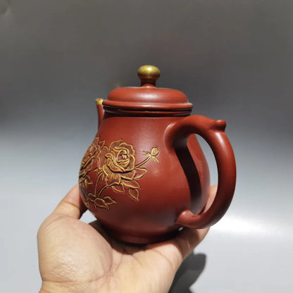 Chinese Yixing Zisha Clay Teapot  Gilding Carved Pot Iron Painting Pavilion 450ml