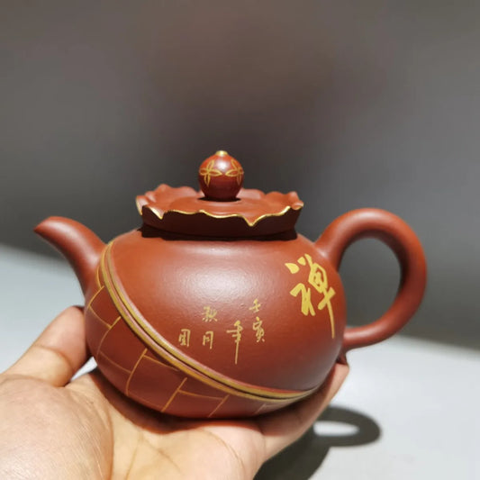Chinese Yixing Zisha Clay Teapot  Gold Painted Monk Hat Pot Zhou Guojun 320ml
