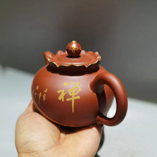 Chinese Yixing Zisha Clay Teapot  Gold Painted Monk Hat Pot Zhou Guojun 320ml