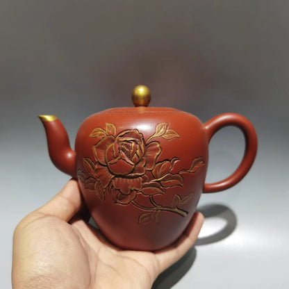 Chinese Yixing Zisha Clay Teapot  Gold engraved and painted Pot Iron Painting Pavilion 420ml