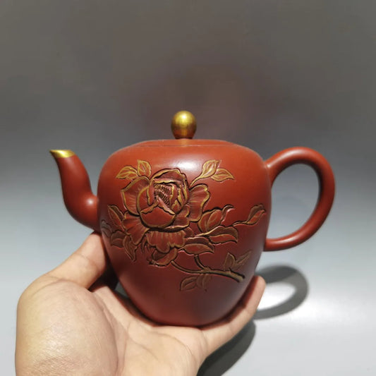 Chinese Yixing Zisha Clay Teapot  Gold engraved and painted Pot Iron Painting Pavilion 420ml