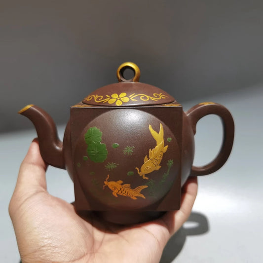 Chinese Yixing Zisha Clay Teapot  Gold square round Pot Yixing produced 360ml