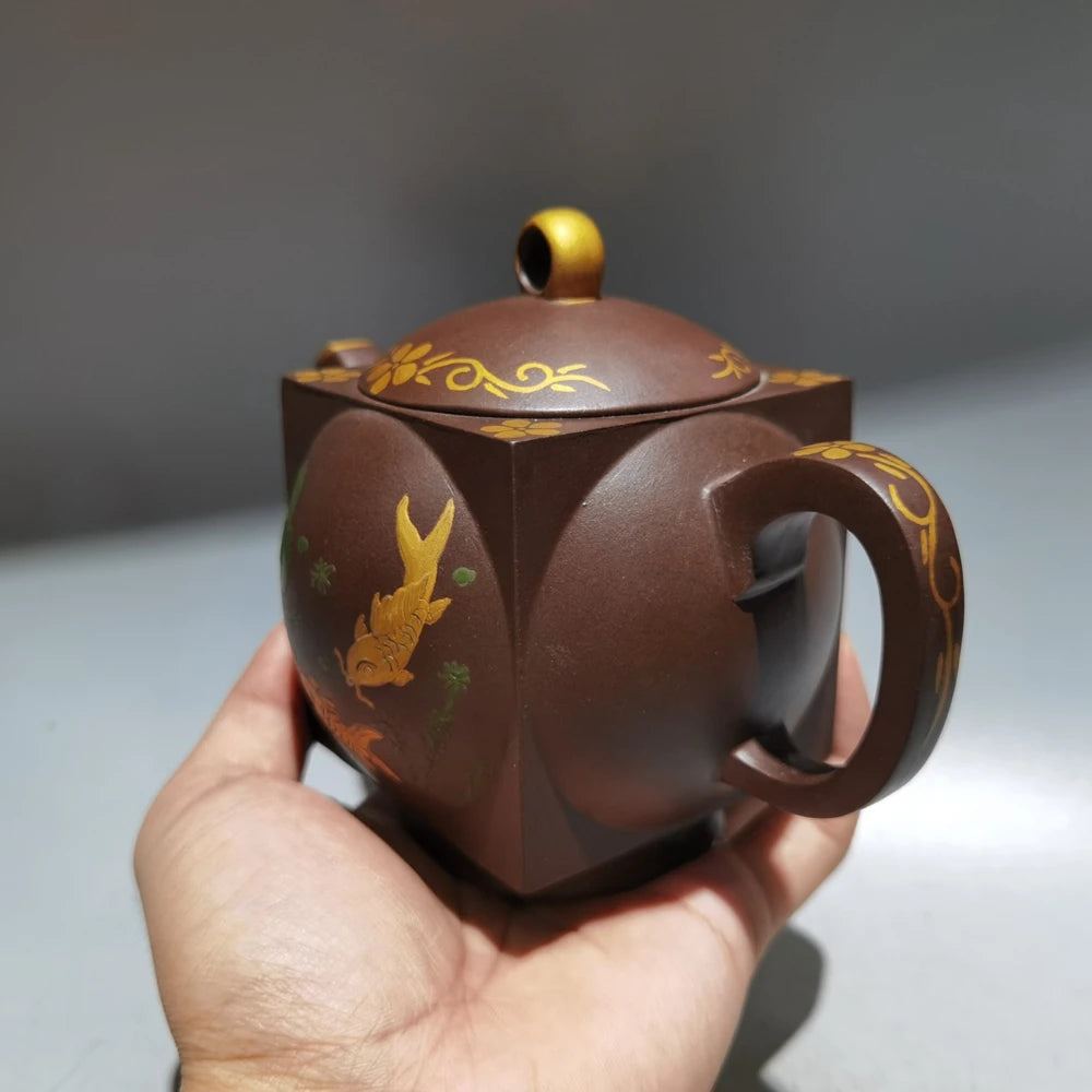 Chinese Yixing Zisha Clay Teapot  Gold square round Pot Yixing produced 360ml