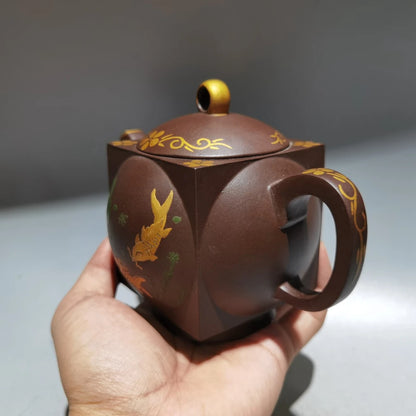 Chinese Yixing Zisha Clay Teapot  Gold square round Pot Yixing produced 360ml