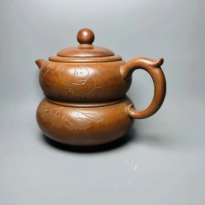 Chinese Yixing Zisha Clay Teapot  Gourd Carving Pot Amantuoshi Yang Pengnian 380ml