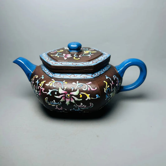 Chinese Yixing Zisha Clay Teapot  Hexagonal Enamel color Pot Emperor Kangxi 380ml