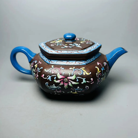 Chinese Yixing Zisha Clay Teapot  Hexagonal Enamel color Pot Emperor Kangxi 380ml