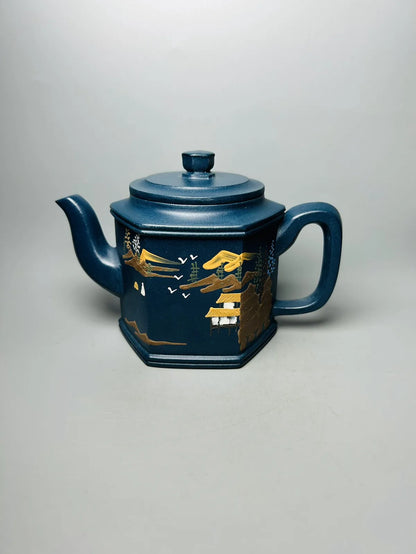 Chinese Yixing Zisha Clay Teapot  Hexagonal Engraving Pot Gu Jingzhou 350ml