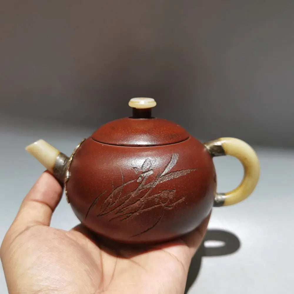 Chinese Yixing Zisha Clay Teapot  Inlaid Jade Pot Gu Jingzhou 280ml