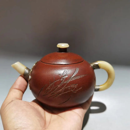 Chinese Yixing Zisha Clay Teapot  Inlaid Jade Pot Gu Jingzhou 280ml