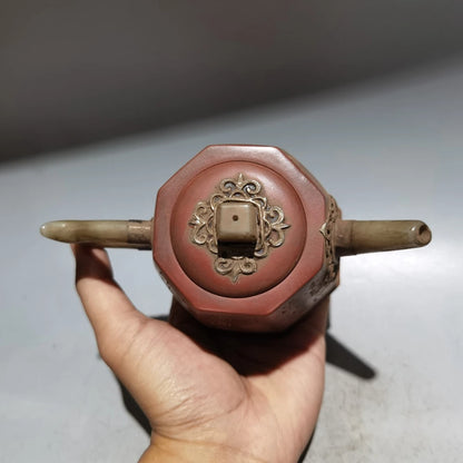 Chinese Yixing Zisha Clay Teapot  Inlaid Jade Pot Yang Pengnian 380ml