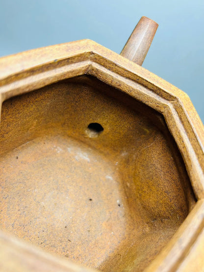 Chinese Yixing Zisha Clay Teapot  Kiln change hexagonal relief hollowed out pot Jinding Trademark  500ml