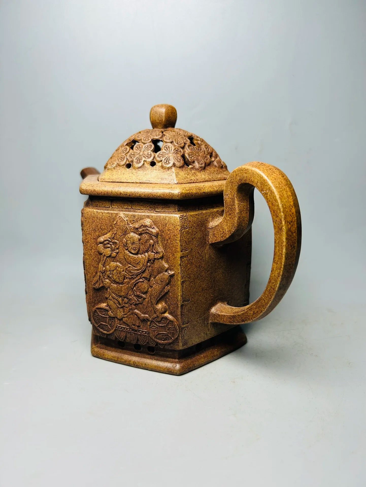 Chinese Yixing Zisha Clay Teapot  Kiln change hexagonal relief hollowed out pot Jinding Trademark  500ml
