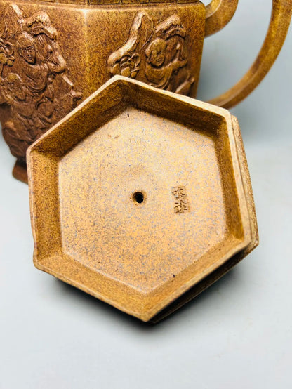 Chinese Yixing Zisha Clay Teapot  Kiln change hexagonal relief hollowed out pot Jinding Trademark  500ml