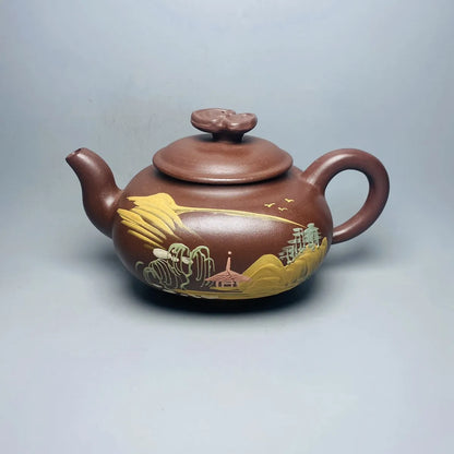 Chinese Yixing Zisha Clay Teapot  Lingzhi Mud Painting Pot Wang Yinxian 380ml