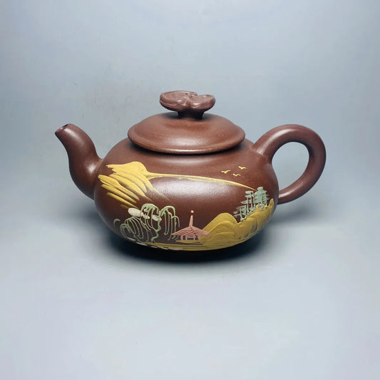 Chinese Yixing Zisha Clay Teapot  Lingzhi Mud Painting Pot Wang Yinxian 380ml