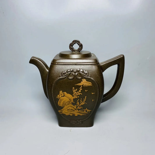 Chinese Yixing Zisha Clay Teapot Mud Painted Square Pot Gu Jingzhou 300ml