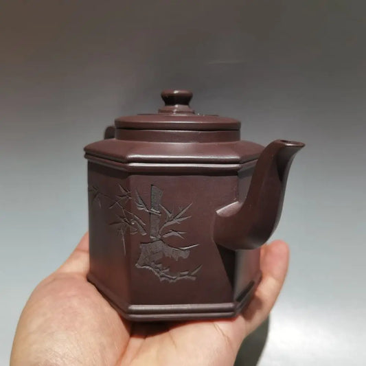 Chinese Yixing Zisha Clay Teapot  Octagonal engraved Pot  Jinding trademark 320ml