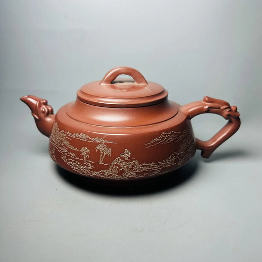 Chinese Yixing Zisha Clay Teapot Red Mud Carve Landscape Pot  Wang Dongshi 550ml