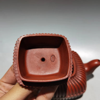 Chinese Yixing Zisha Clay Teapot  Ribbed Square Pot Gu Jingzhou 360ml