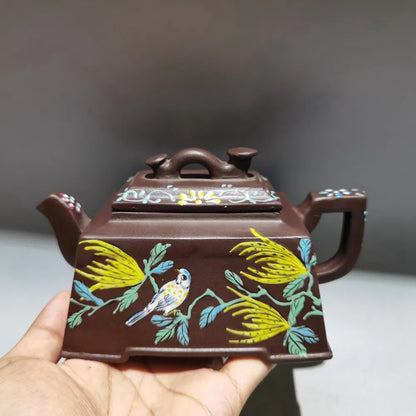 Chinese Yixing Zisha Clay Teapot  Sifang Colored Painting Pot Chen Mingyuan 380ml